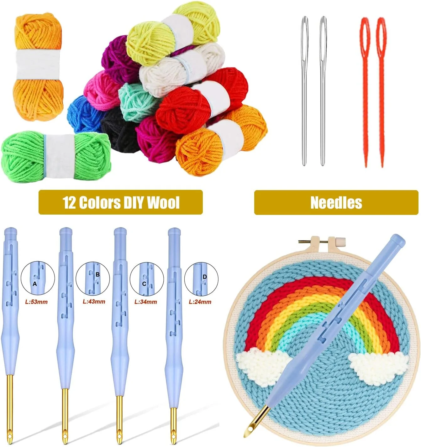 ست 17 تکه سوزن پانچ آلازون، شامل 3 حلقه پلاستیکی با 3 پارچه سوزن پانچ، 12 رنگ نخ، سوزن پانچ، سوزن های چشم بزرگ، نخ رد کن برای کیت های سوزن پانچ