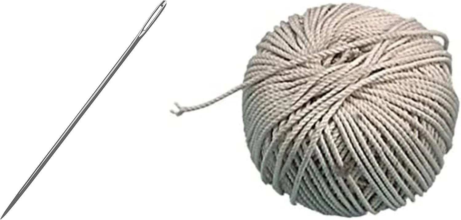 سوزن خیاطی بزرگ صنعتی عباسعلی مدل 145 میلی‌متری و طناب نخی برای بسته‌بندی گونی و کیسه پلاستیکی