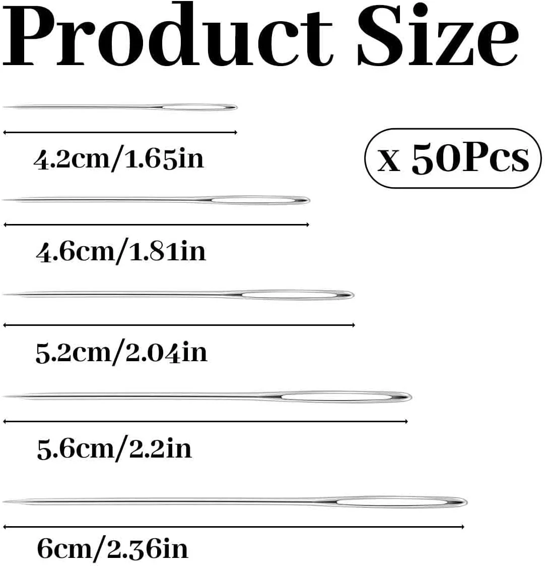 50 عدد سوزن خیاطی دستی چشم بزرگ، 5 سایز سوزن خیاطی 4.2، 4.5، 5، 5.5، 6 سانتی‌متری با 2 عدد لوله شفاف (رنگ تصادفی)