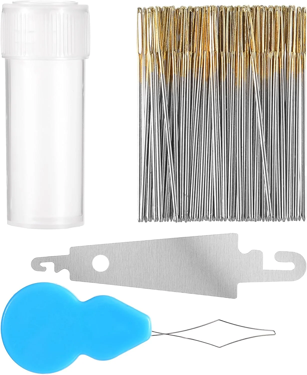 100 عدد سوزن گلدوزی + 2 سوزن نخ کن طلایی رنگ چشم بزرگ گلدوزی DIY سوزن های دستی چشم بزرگ گلدوزی DIY سوزن های دستی سوزن های خیاطی در جعبه شفاف