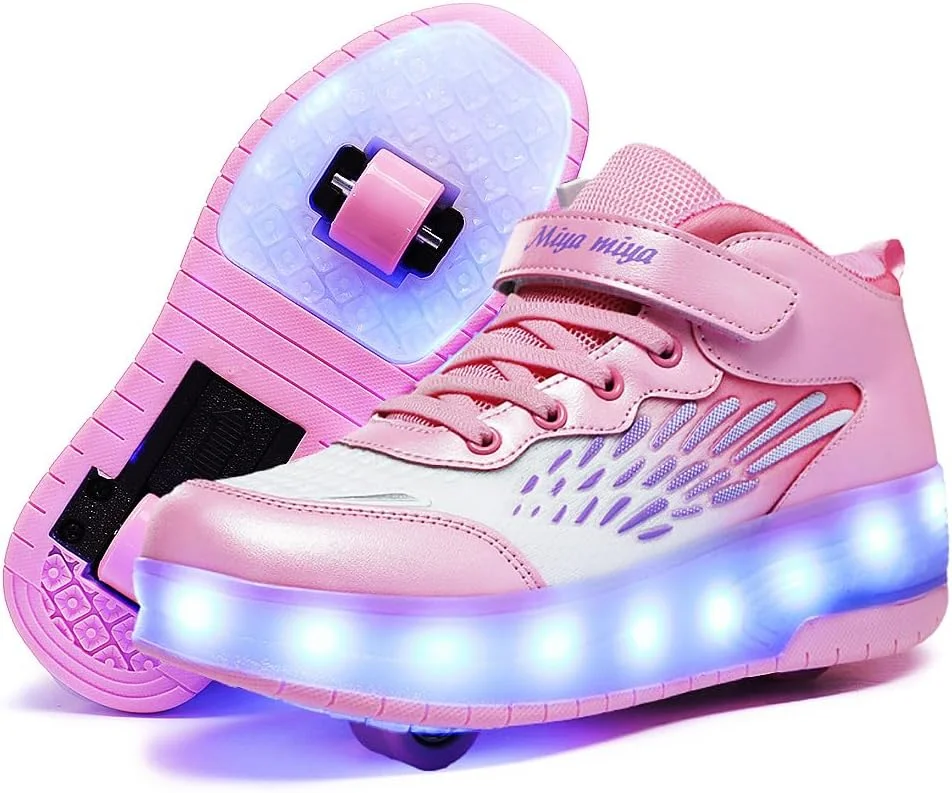 کفش های چرخ دار GIMKOUNN، کتانی دخترانه شارژی USB، کفش های اسکیت غلتکی 2 چرخ برای مبتدیان، کفش های ورزشی 16 حالت LED روشن، کتانی فلاش برای کودکان پسرانه و دخترانه، کفش های شیک