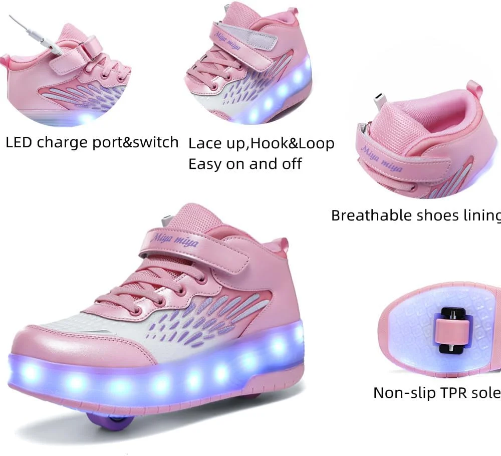 کفش های چرخ دار GIMKOUNN، کتانی دخترانه شارژی USB، کفش های اسکیت غلتکی 2 چرخ برای مبتدیان، کفش های ورزشی 16 حالت LED روشن، کتانی فلاش برای کودکان پسرانه و دخترانه، کفش های شیک