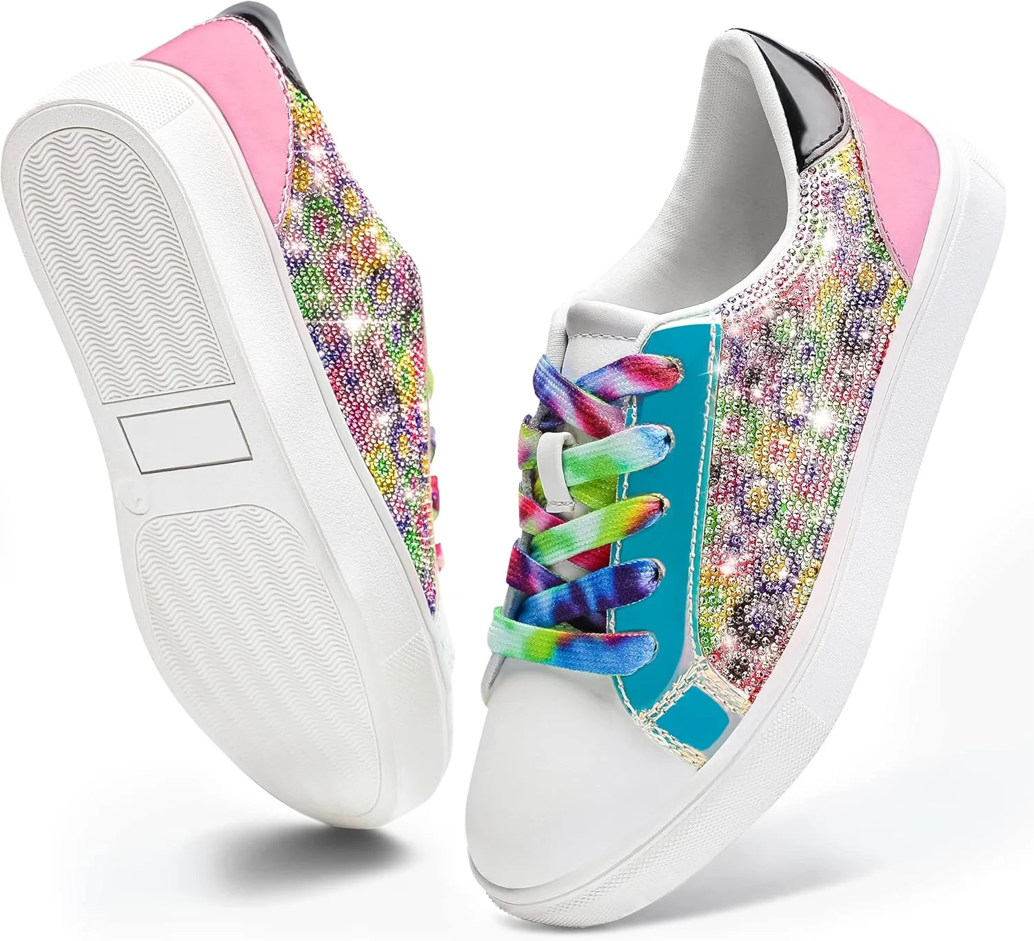 کفش‌های کتانی دخترانه FUPPIA، کفش‌های براق و اکلیلی با ساق کوتاه برای کودکان، کفش‌های مد روز چرمی PU با بند کفش‌های رنگارنگ برای کودکان کوچک و بزرگ، چند رنگ، سایز 4 انگلیس