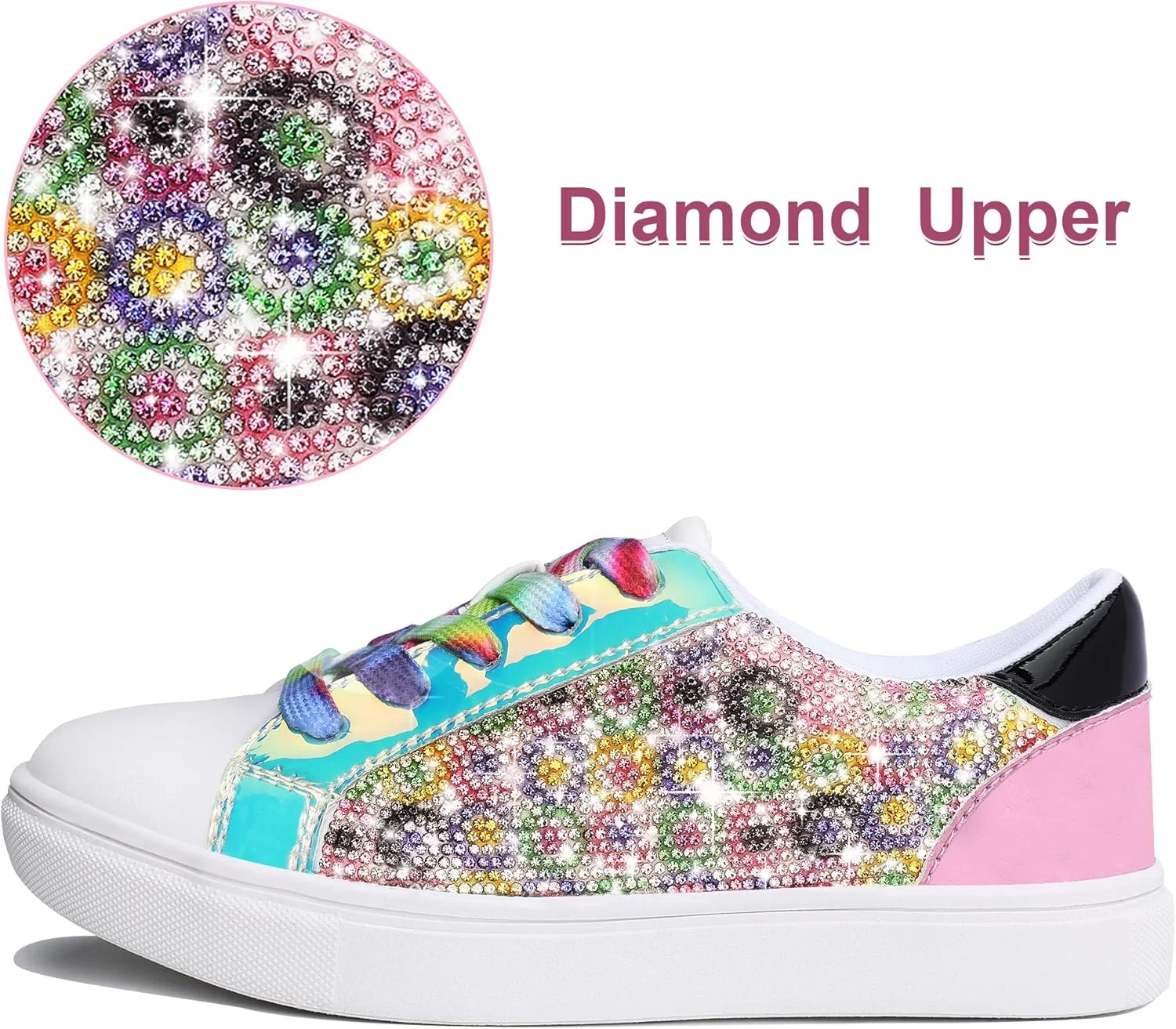 کفش‌های کتانی دخترانه FUPPIA، کفش‌های براق و اکلیلی با ساق کوتاه برای کودکان، کفش‌های مد روز چرمی PU با بند کفش‌های رنگارنگ برای کودکان کوچک و بزرگ، چند رنگ، سایز 4 انگلیس