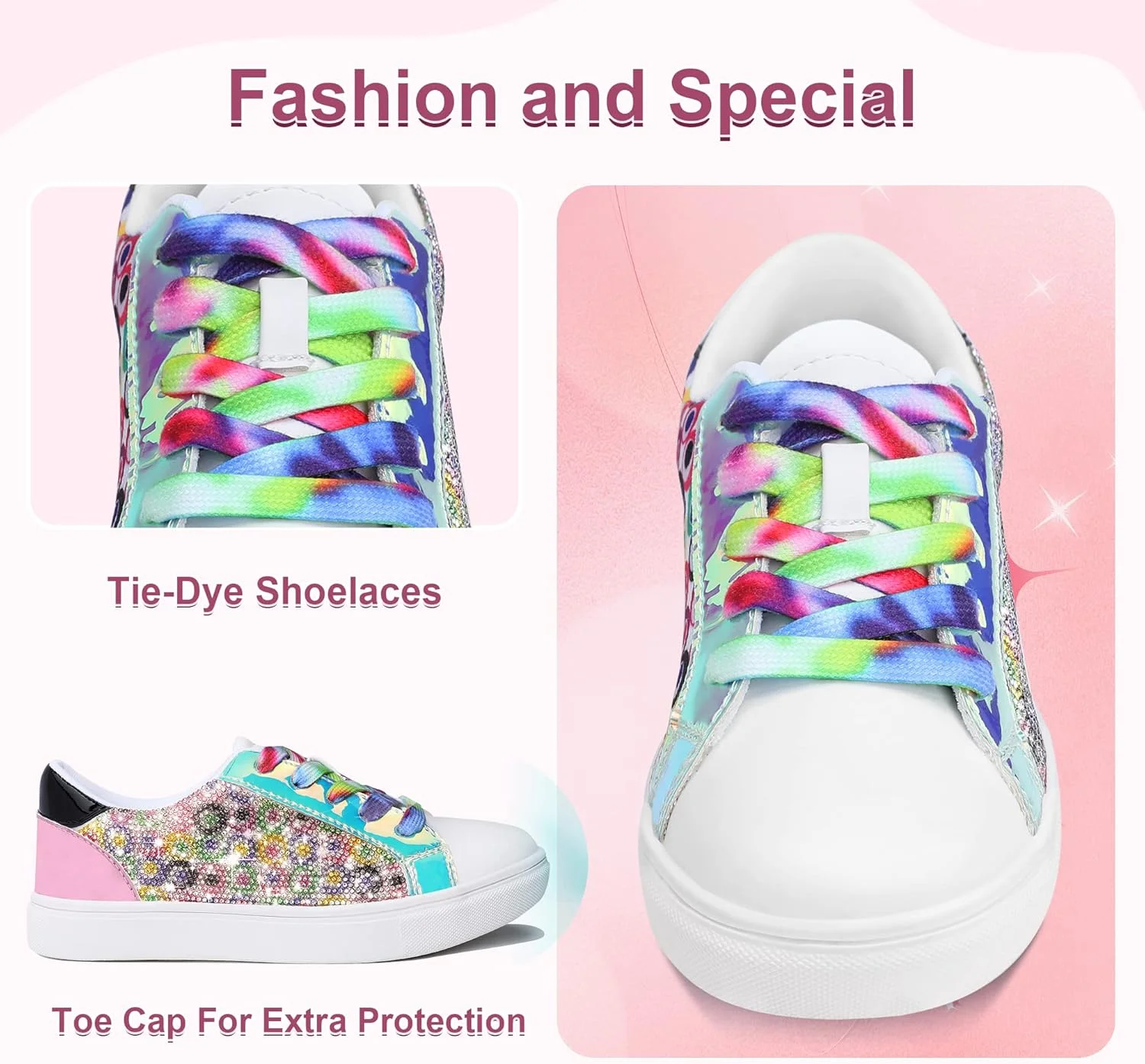 کفش‌های کتانی دخترانه FUPPIA، کفش‌های براق و اکلیلی با ساق کوتاه برای کودکان، کفش‌های مد روز چرمی PU با بند کفش‌های رنگارنگ برای کودکان کوچک و بزرگ، چند رنگ، سایز 4 انگلیس