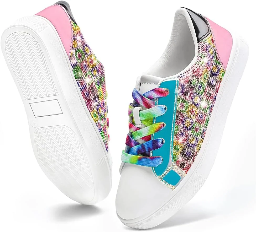 کفش‌های کتانی دخترانه فستونی، کفش‌های براق و اکلیلی با ساق کوتاه برای کودکان، کفش‌های مد روز چرم PU با بند کفش‌های رنگارنگ