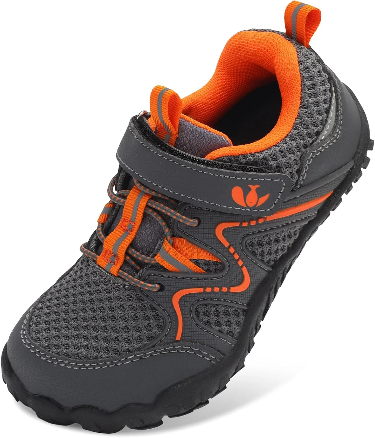 کفش های پابرهنه FEETCITY بچه گانه پسرانه دخترانه، کفش های پیاده روی کودک نوپا، کفش تنیس بچه گانه، کفش ورزشی سبک وزن در فضای باز، خاکستری/نارنجی، سایز 4 بچه بزرگ