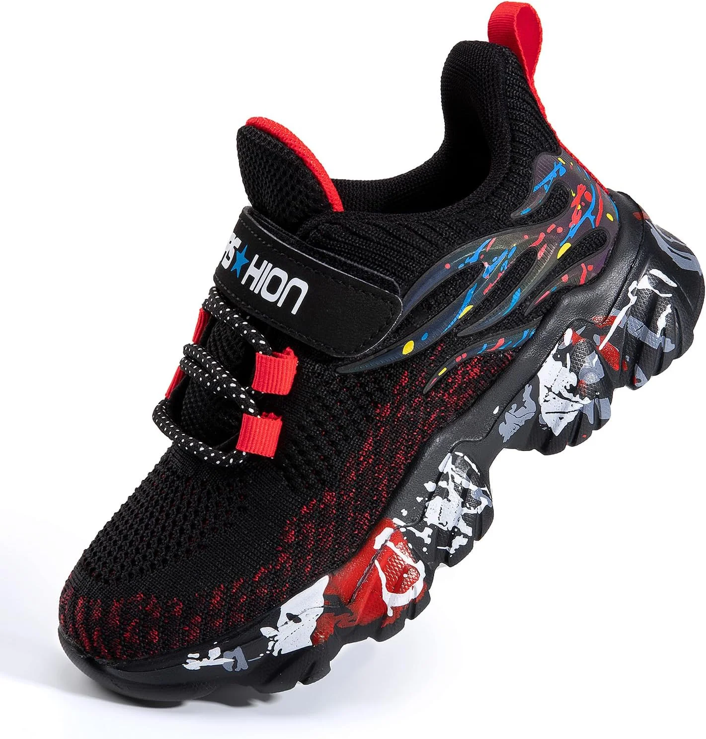 کفش ورزشی بچگانه DRDASHA مناسب پسران و دختران، تنیس، پیاده روی تنفسی، سبک وزن، کفش دویدن بچه گانه، مشکی-قرمز، سایز 11.5