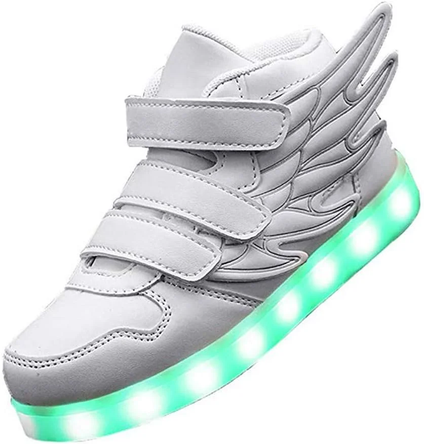 کفش‌های فشن LED بچگانه DDPP، کفش‌های کتانی چراغ‌دار با بال، 7 رنگ نور چشمک‌زن برای هدیه پسران و دختران، کفش‌های کتانی ساق بلند شارژی USB، سفید، 25