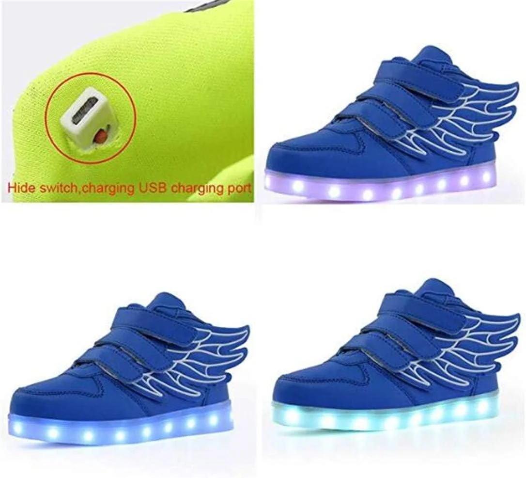 کفش‌های ال‌ای‌دی فشن بچه‌گانه DDPP، کفش‌های کتانی چراغ‌دار با بال، 7 رنگ نور چشمک‌زن برای پسران دختران، هدیه کفش‌های کتانی ساق بلند شارژ USB، آبی، 25