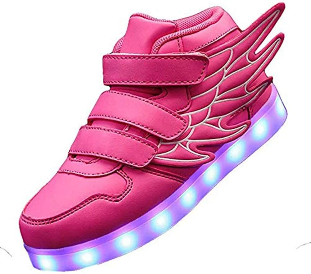 کفش‌های LED فشن بچه‌گانه DDPP، کفش‌های کتانی چراغ‌دار با بال، 7 رنگ نور چشمک‌زن برای پسران دختران، هدیه کفش‌های کتانی ساق بلند شارژ USB، صورتی، 32