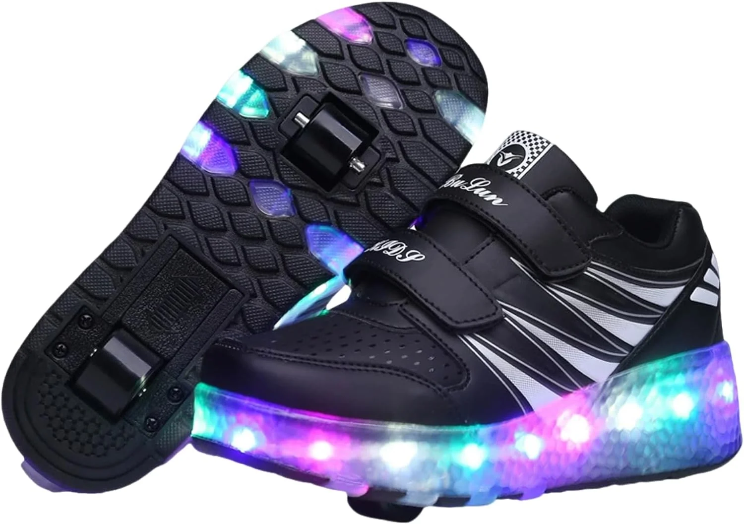 کفش ورزشی چرخدار بچه گانه با قرقره، کفش های کتانی چراغ دار LED، کفش های اسکیت غلتکی چراغ دار LED، اسکیت های چند ورزشی فضای باز، کفش های کتانی با چرخ های دوتایی، مناسب برای پسران و دختران