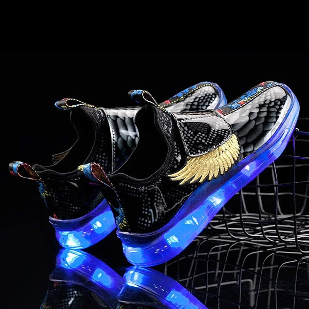 کفش‌های چراغ‌دار LED شارژی USB بچگانه BODOGY-DX، کفش‌های کتانی چشمک‌زن در 7 رنگ، کفش‌های روزمره چرمی تنفسی، بهترین هدیه برای پسران و دختران، مشکی، سایز 33EU