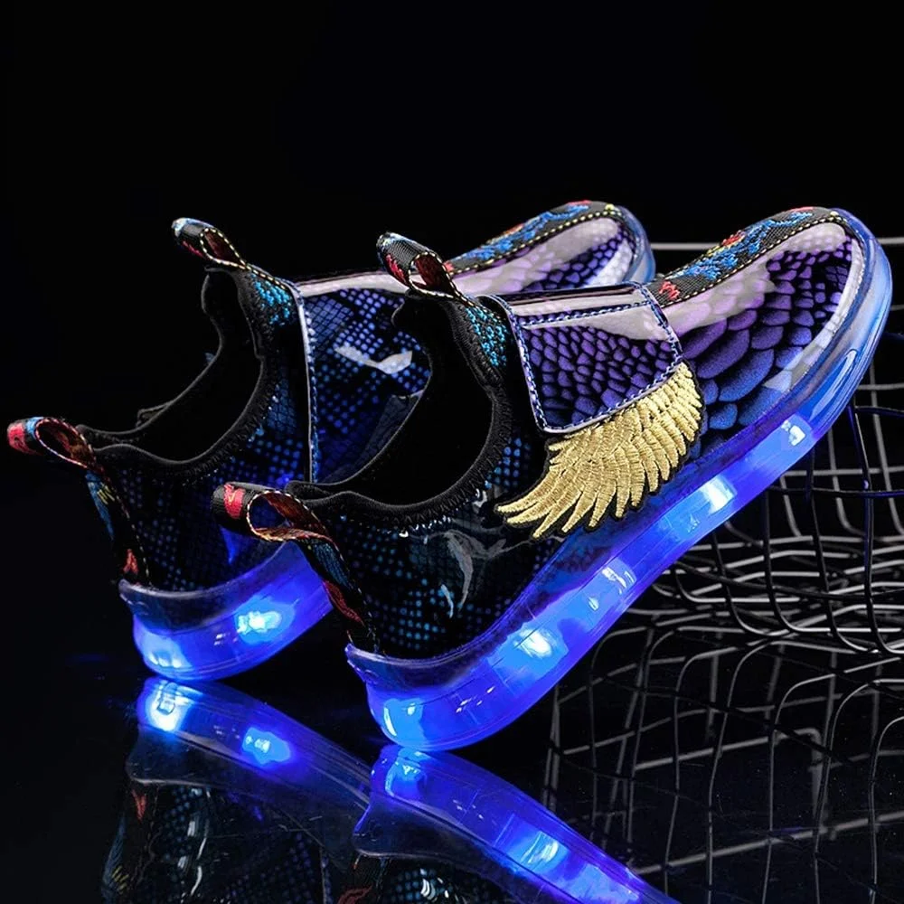 کفش‌های چراغ‌دار شارژی USB بچگانه BODOGY-DX، کفش‌های کتانی چشمک‌زن در 7 رنگ، کفش‌های روزمره چرمی تنفسی، بهترین هدیه برای پسران و دختران، آبی، سایز 33 اروپا