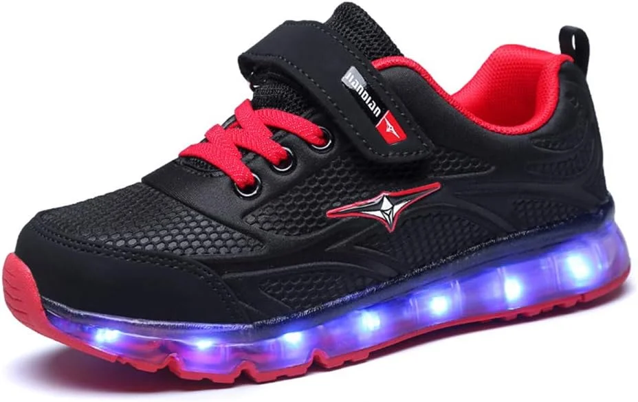 کفش‌های چراغ‌دار شارژی USB بچگانه مدل BODOGY-DX، کفش‌های کتانی چشمک‌زن درخشان، کفش‌های درخشان توری تنفسی، کفش‌های ورزشی 7 رنگ، بهترین هدیه برای پسران و دختران، مشکی قرمز، سایز 32 اروپا
