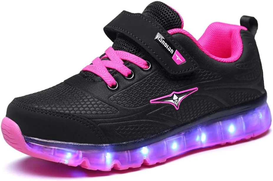 کفش های LED شارژی USB مدل BODOGY-DX Unisex Kids، کفش های کتانی چشمک زن درخشان، کفش های درخشان توری تنفسی، کفش های ورزشی 7 رنگ، بهترین هدیه برای پسران و دختران، بلک پینک، 36EU