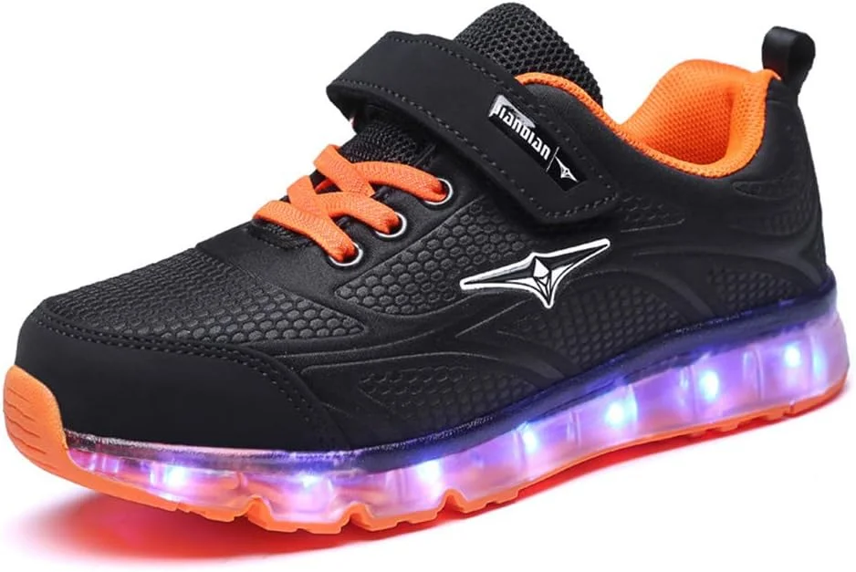 کفش های چراغ دار شارژی USB مدل BODOGY-DX، کفش های کتانی چشمک زن درخشان، کفش های درخشان توری تنفسی، کفش های ورزشی 7 رنگ، بهترین هدیه برای پسران و دختران، مشکی نارنجی، سایز 37EU