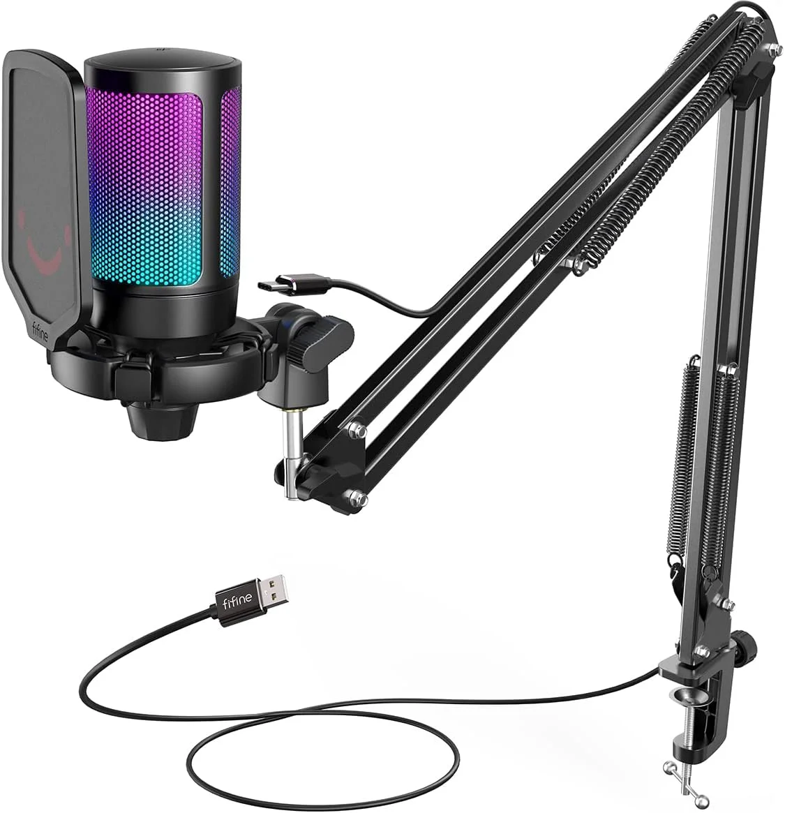 کیت میکروفون گیمینگ USB FIFINE، میکروفون کندانسور RGB برای PC PS5، با دکمه بی‌صدا، پایه ضد ضربه، نگهدارنده میکروفون، پاپ فیلتر، برای استریمینگ دیسکورد پادکست