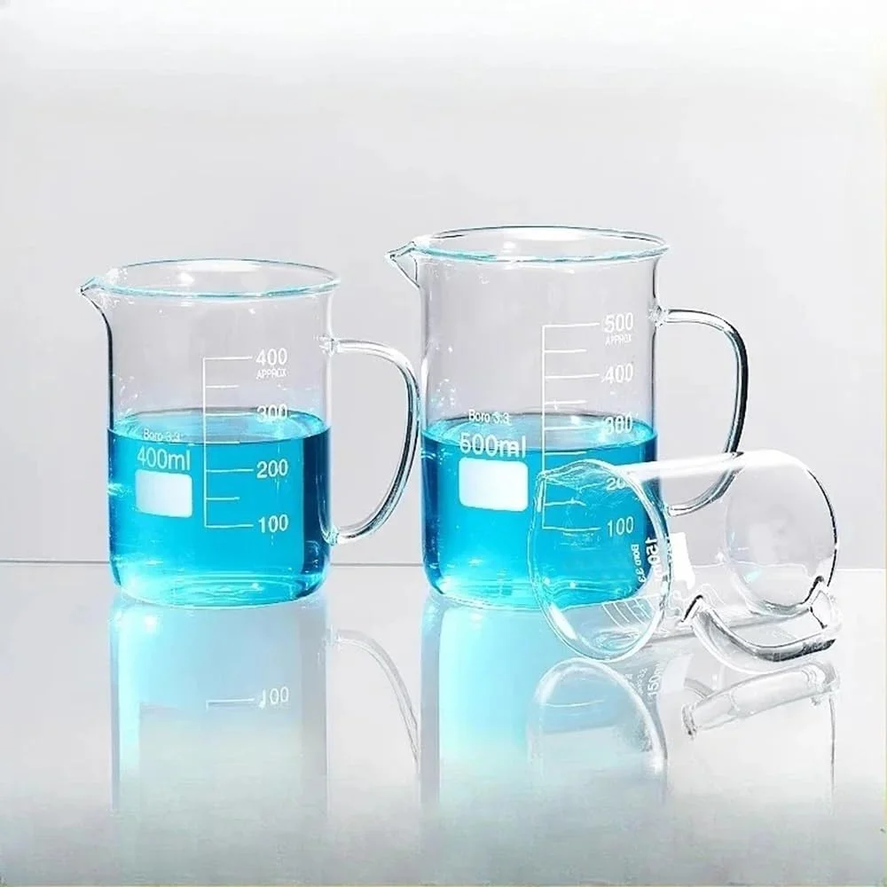 یک عدد بشر شیشه ای آزمایشگاهی با دسته و مقیاس اندازه گیری 50، 100، 250، 500 و 1000 میلی لیتر (150 میلی لیتر)