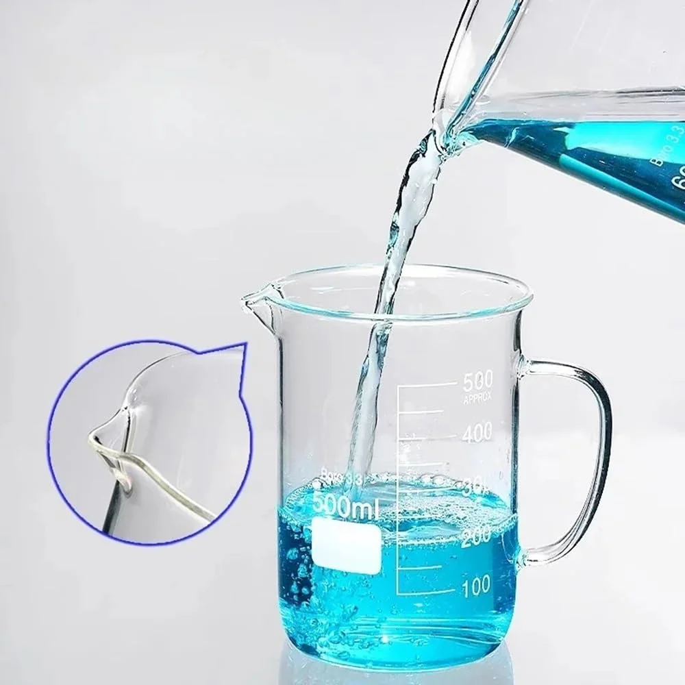 یک عدد بشر شیشه ای آزمایشگاهی با دسته و مقیاس اندازه گیری 50، 100، 250، 500 و 1000 میلی لیتر (150 میلی لیتر)