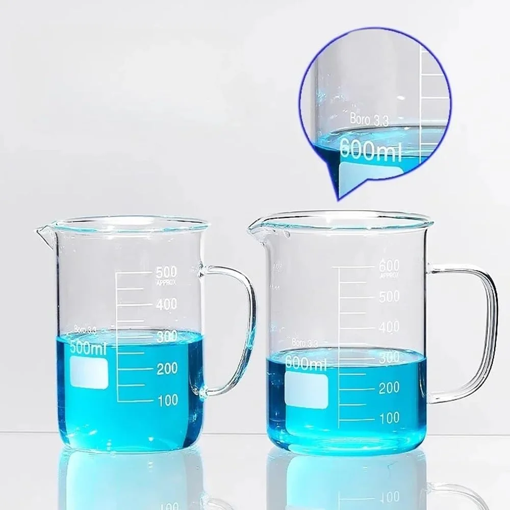 یک عدد بشر شیشه ای آزمایشگاهی با دسته و مقیاس اندازه گیری 50، 100، 250، 500 و 1000 میلی لیتر (150 میلی لیتر)