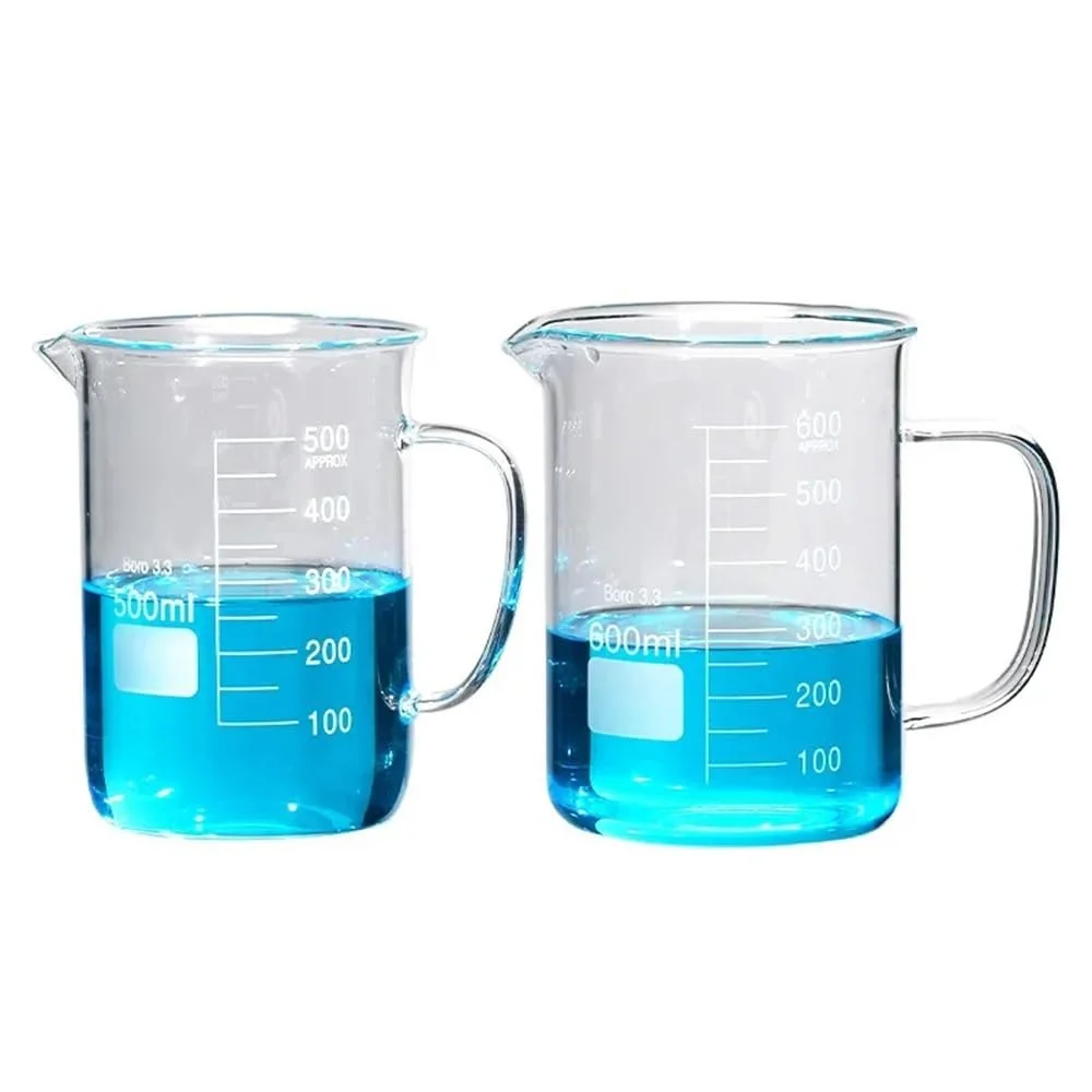 یک عدد بشر شیشه ای آزمایشگاهی با دسته و مقیاس اندازه گیری 50، 100، 250، 500 و 1000 میلی لیتر (150 میلی لیتر)