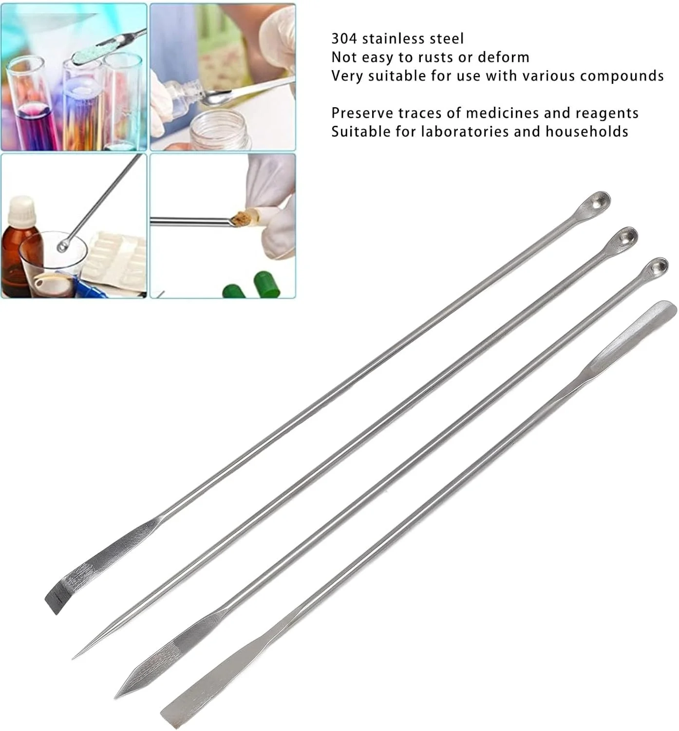ست 4 عددی کاردک آزمایشگاهی استیل ضد زنگ، قاشق آزمایشگاهی دسته بلند و کاردک میکرو برای اندازه گیری، مخلوط کردن و نمونه برداری، کیت ابزار آزمایشگاهی با کیف فلانل