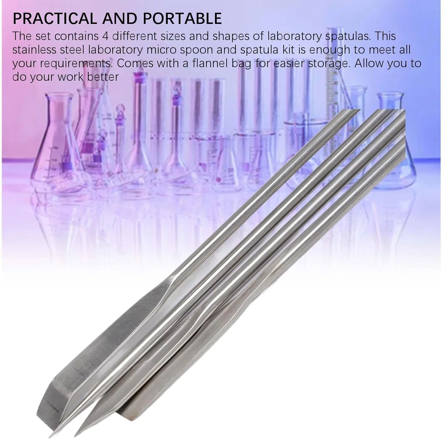 ست 4 عددی کاردک آزمایشگاهی استیل ضد زنگ، قاشق آزمایشگاهی دسته بلند و کاردک میکرو برای اندازه گیری، مخلوط کردن و نمونه برداری، کیت ابزار آزمایشگاهی با کیف فلانل