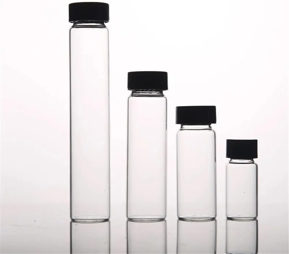 تجهیزات آزمایشگاهی - بطری نمونه شیشه ای 5 میلی لیتری شفاف با درب پیچی پلاستیکی و پد پلی اتیلن