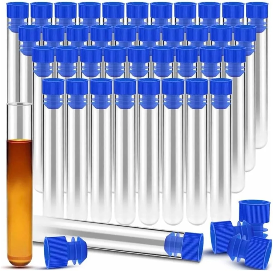 تجهیزات آزمایشگاهی 50 عدد لوله پلاستیکی شفاف 13 میلی لیتری با درب آبی 16x100 میلی متر، لوله های نمونه ظروف برای آزمایش های علمی