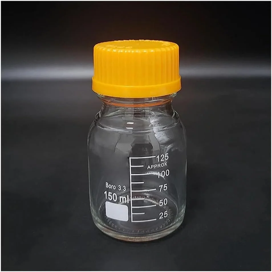 بطری تجهیزات آزمایشگاهی با درب پیچی زرد شیشه بوروسیلیکات 3.3 ظرفیت 150 میلی لیتر نمونه مدرج