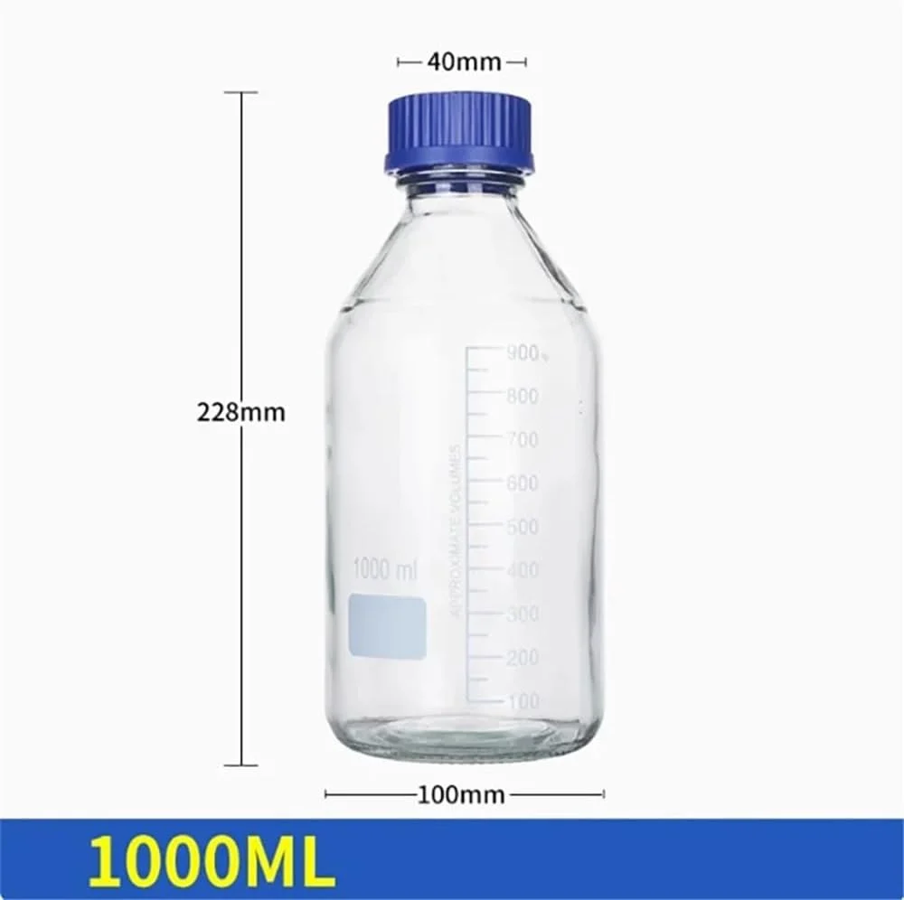 تجهیزات ابزار آزمایشگاهی بطری نمونه شیشه ای شفاف 1000 میلی لیتری 1 لیتری دهانه پیچ آبی GL45 آزمایشگاهی