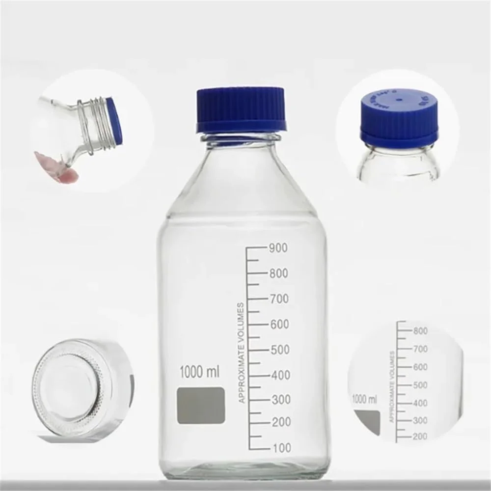 تجهیزات ابزار آزمایشگاهی بطری نمونه شیشه ای شفاف 1000 میلی لیتری 1 لیتری دهانه پیچ آبی GL45 آزمایشگاهی
