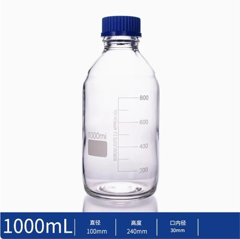 تجهیزات ابزار آزمایشگاهی بطری نمونه شیشه ای شفاف 1000 میلی لیتری 1 لیتری دهانه پیچ آبی GL45 آزمایشگاهی