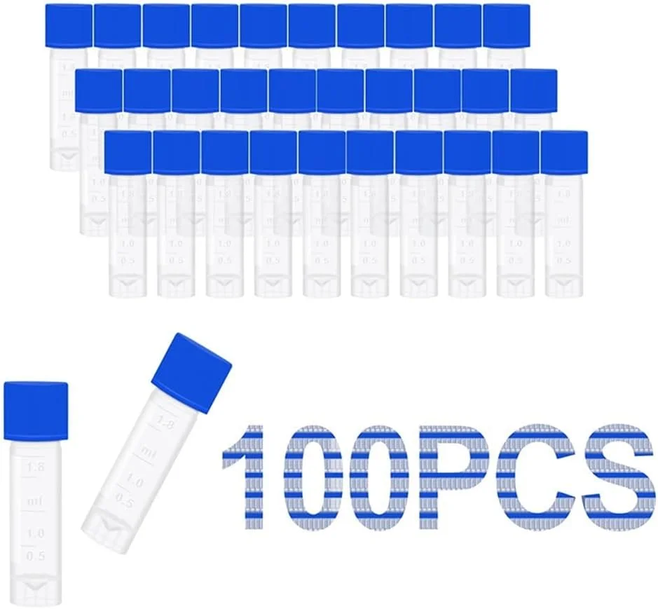 تجهیزات آزمایشگاهی 100 عدد ویال 1.8 میلی لیتری با درب پیچی، جعبه 100 خانه، ویال های نمونه با مقیاس و محل نوشتن برای آزمایشگاه