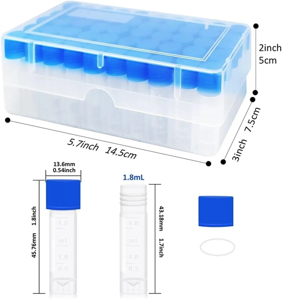 تجهیزات آزمایشگاهی 100 عدد ویال 1.8 میلی لیتری با درب پیچی، جعبه 100 خانه، ویال های نمونه با مقیاس و محل نوشتن برای آزمایشگاه