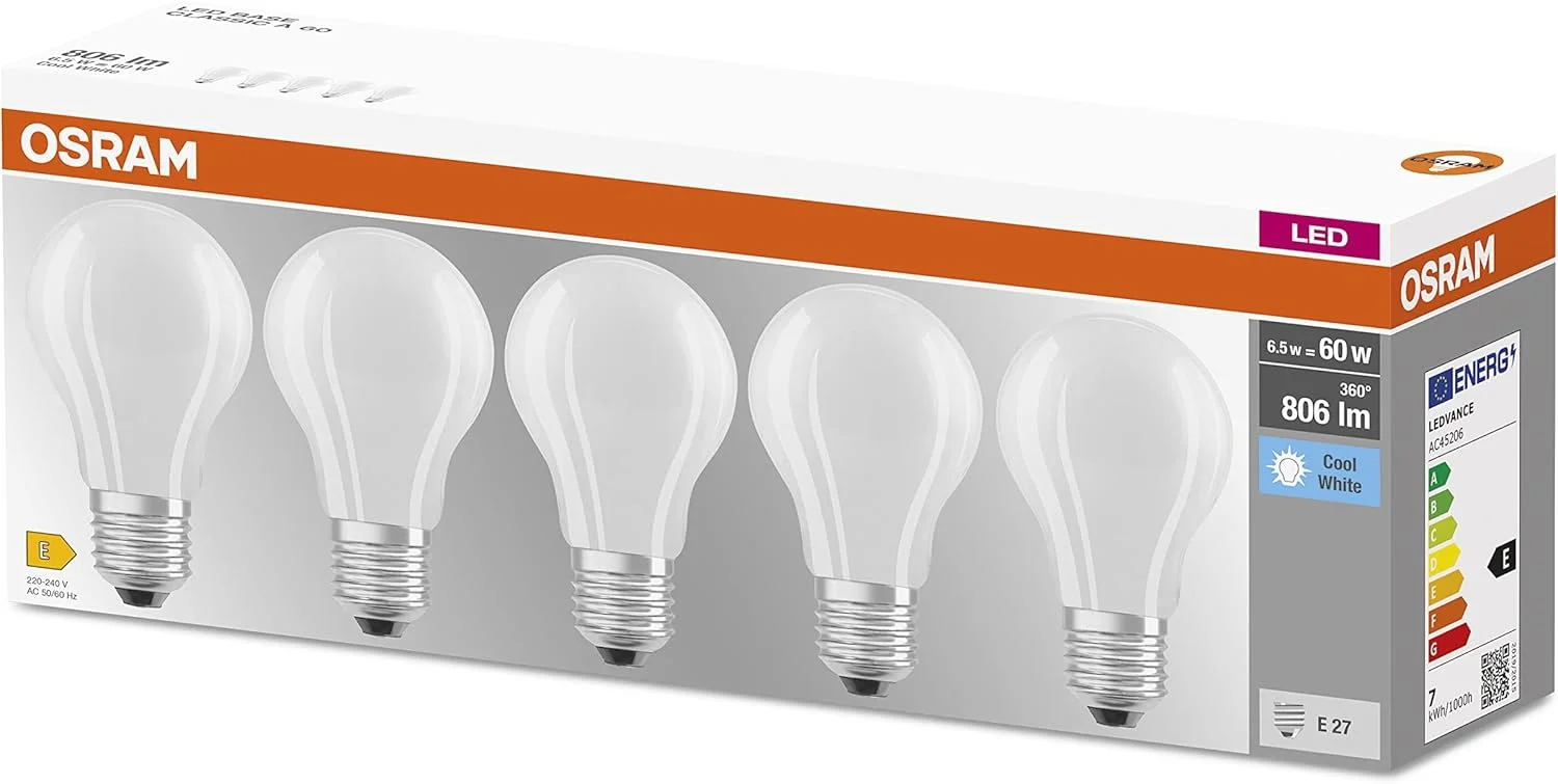 لامپ ال ای دی Osram BASE Classic A60 8.5W نور سفید سرد 4000K – لامپ ال ای دی E27 (806 لومن) – بسته 5 عددی – جایگزین لامپ های 60 وات