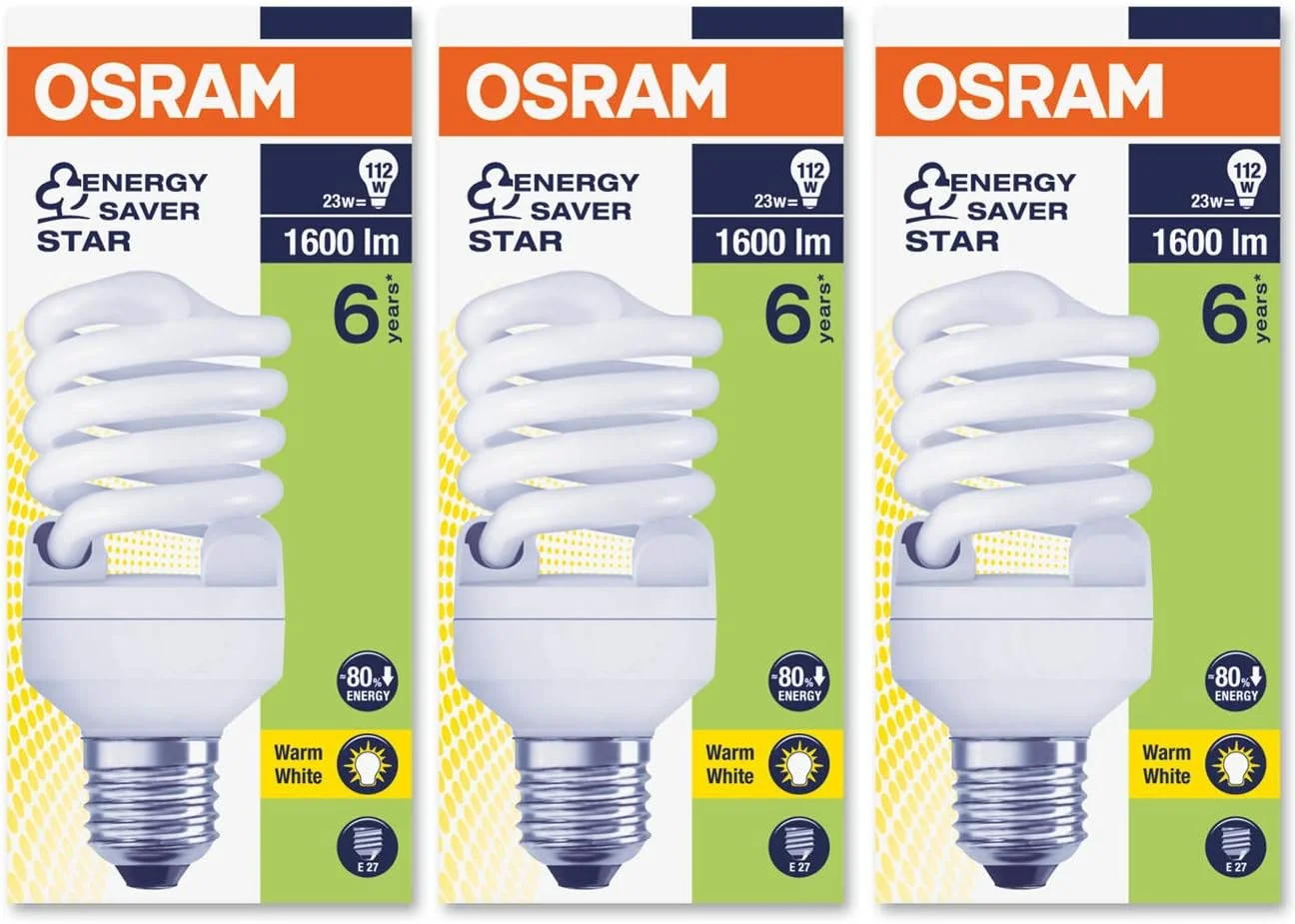 لامپ کم مصرف اسرام Duluxstar Mini Twist، شکل مارپیچ 23 وات، پایه پیچی - E27، 1600 لومن (بسته 3 عددی) - سفید گرم