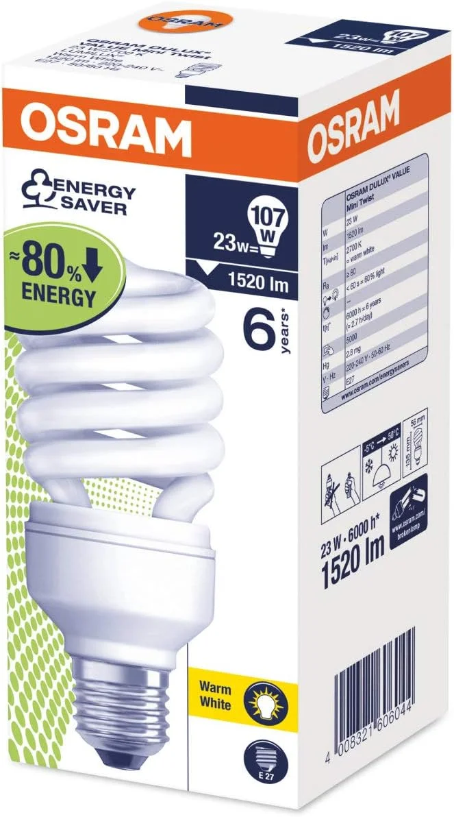 لامپ کم مصرف اسرام Duluxstar Mini Twist، شکل مارپیچ 23 وات، پایه پیچی - E27، 1600 لومن (بسته 3 عددی) - سفید گرم