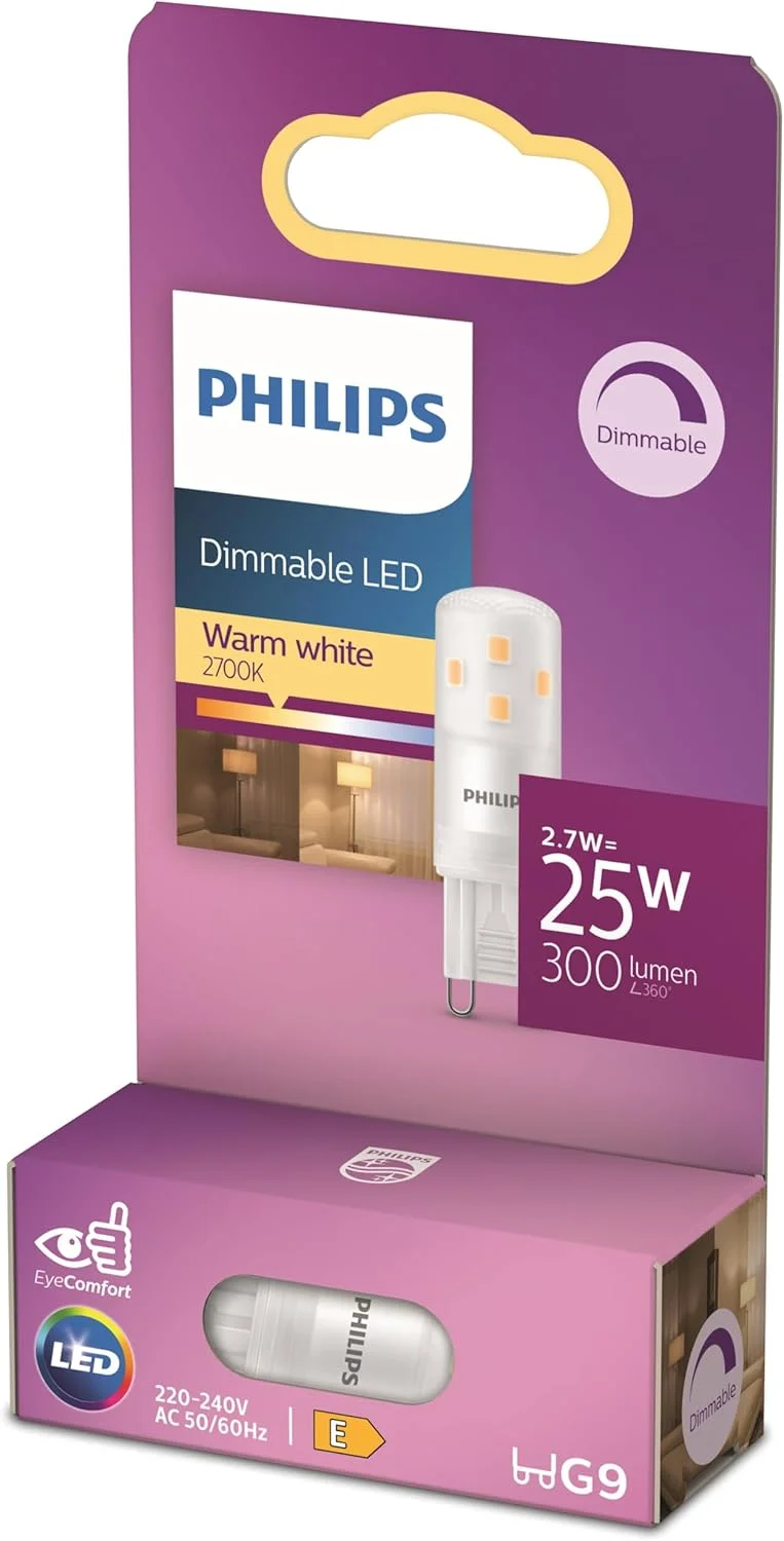 لامپ ال ای دی استاندارد فیلیپس، جایگزین هالوژن 25 وات، پایه G9، نور سفید گرم 2700 کلوین، دیمر پذیر