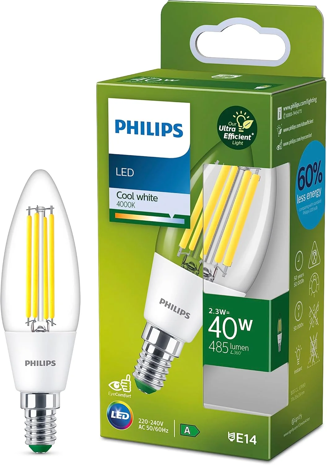 لامپ‌های فوق‌العاده کم مصرف Philips - منبع نور LED، 40 وات، B35، E14، شمعی سفید سرد 4000 کلوین، شفاف