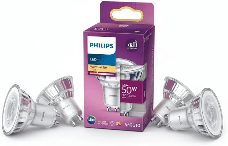لامپ ال ای دی فیلیپس، GU10، 4.6 وات، 355 لومن، نور سفید گرم 2700 کلوین، زاویه تابش 36 درجه - بسته 4 عددی