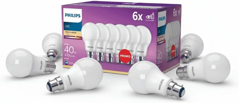 لامپ ال ای دی فیلیپس B22، GLS، 4.2 وات، 470 لومن، نور سفید گرم 2700K - بسته 6 عددی