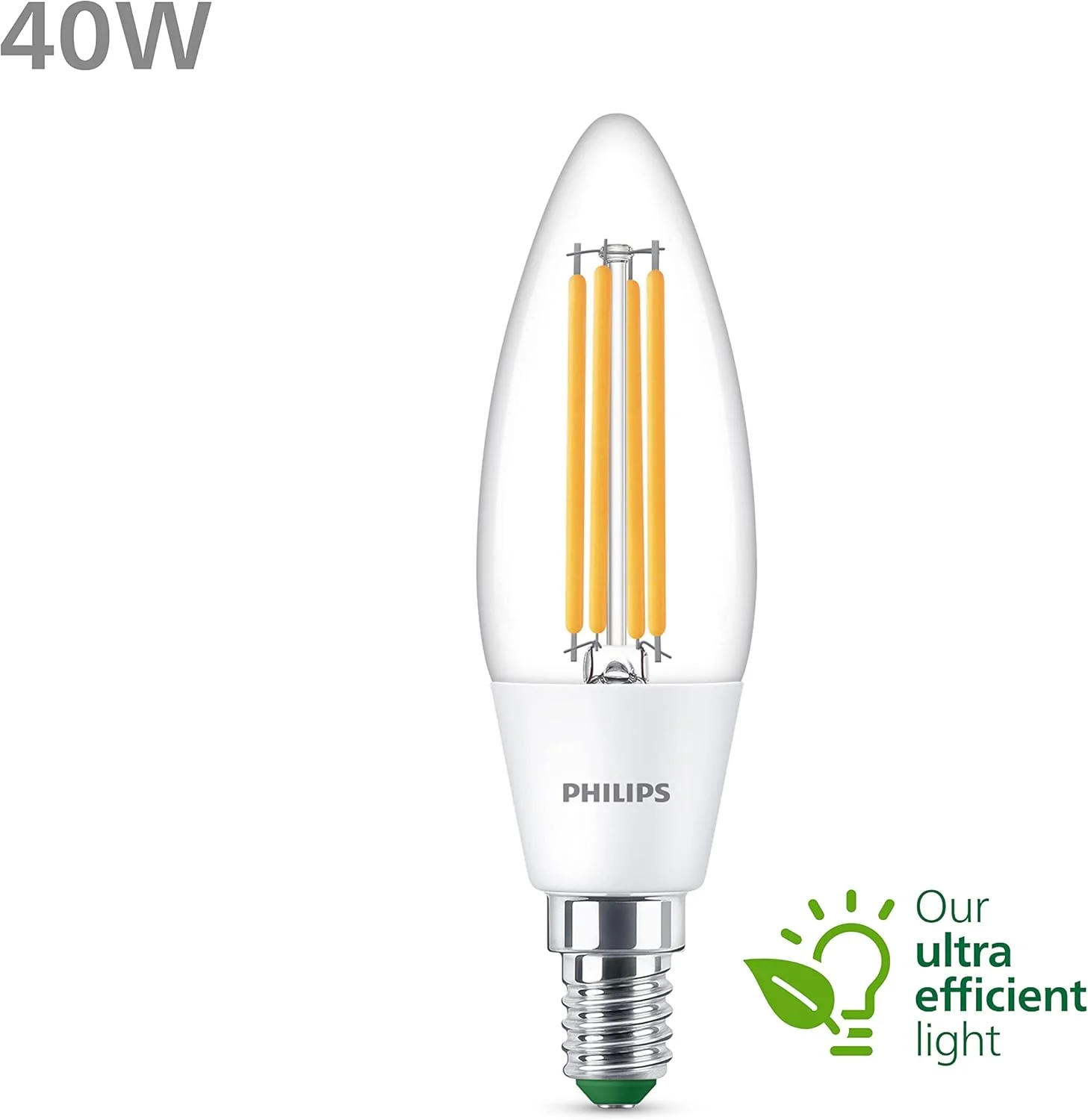 لامپ ال ای دی فوق العاده کم مصرف شمعی فیلیپس با برچسب انرژی A [سفید 3000K - پایه E14 کوچک ادیسونی] 40 وات B35 شفاف. برای روشنایی داخلی منزل.