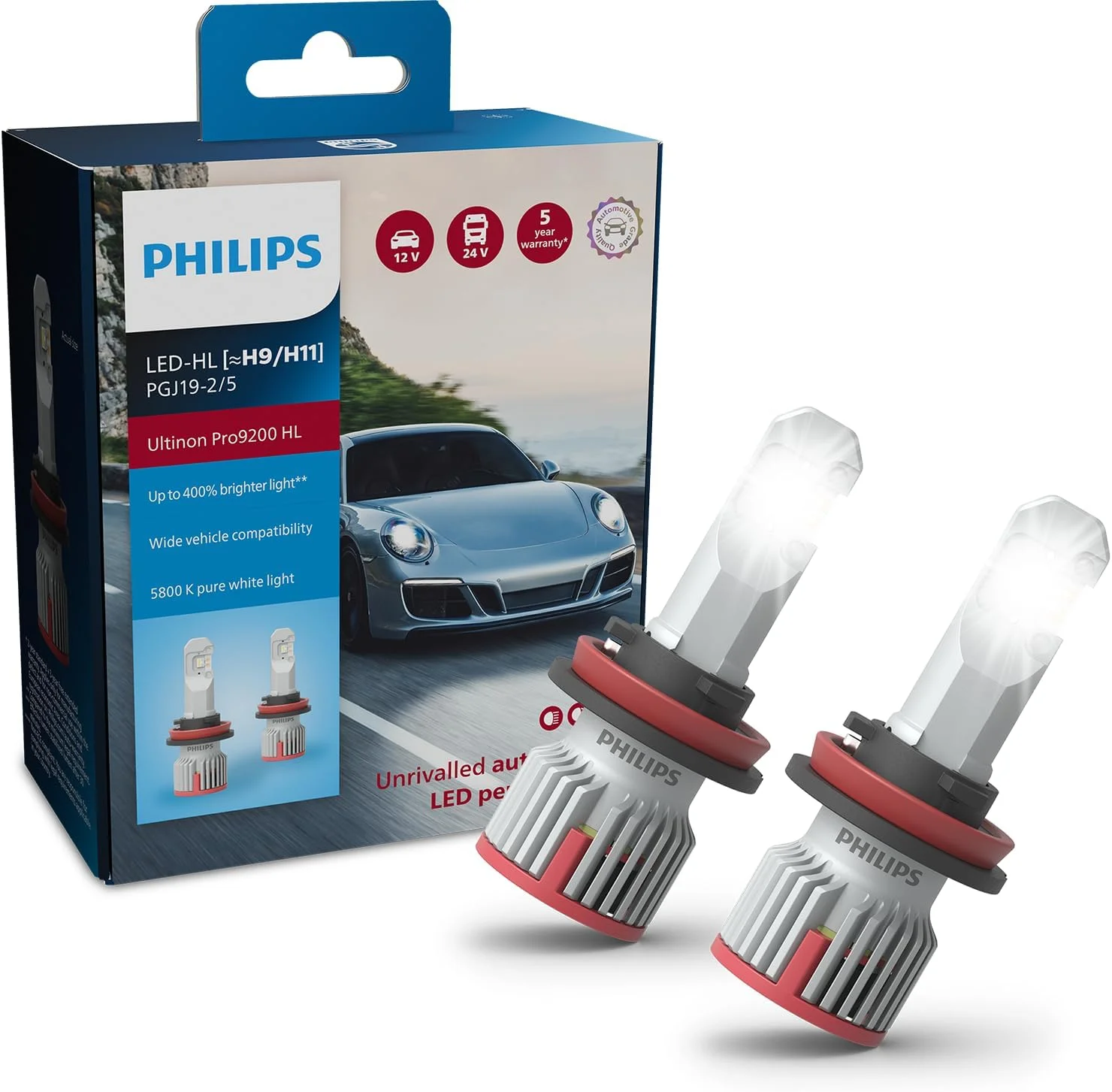 لامپ چراغ جلوی خودرو LED فیلیپس Ultinon Pro9200 (H9/H11)، +400%، 5.800K، مجموعه 2 عددی