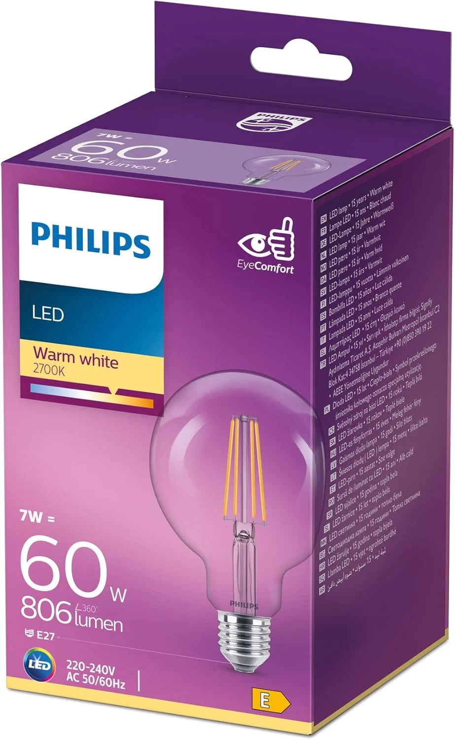 لامپ ال ای دی کلاسیک فیلیپس مدل G95 کروی [پیچ ادیسونی E27] 7 وات - معادل 60 وات، سفید گرم (2700 کلوین)، غیر قابل تنظیم نور