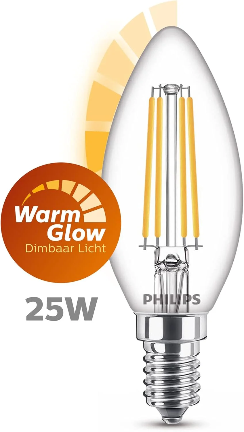 لامپ ال ای دی شمعی فیلیپس E14 25 وات نور گرم سفید شفاف سازگار با دیمر، شیشه