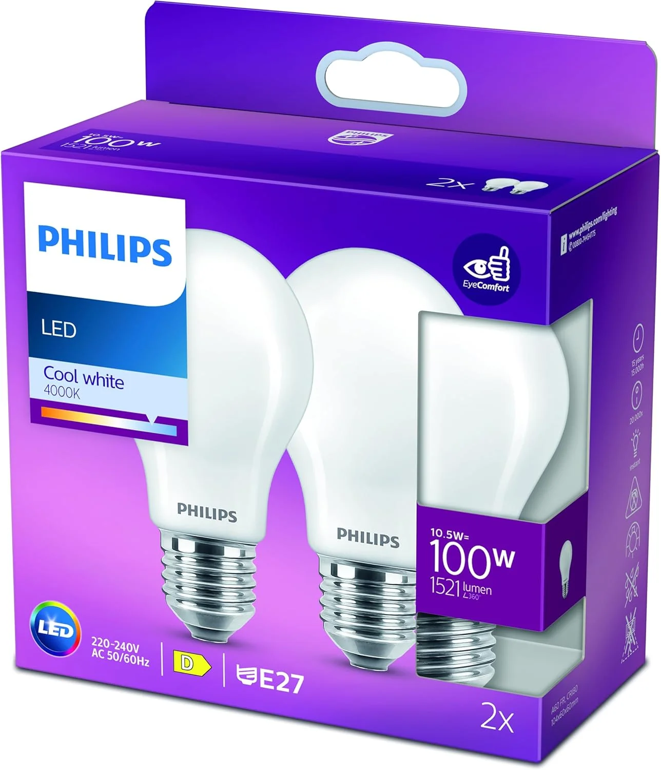 لامپ ال ای دی کلاسیک فیلیپس A60 مات، بسته 2 عددی [پیچ ادیسونی E27] 11.5 وات - معادل 100 وات، سفید سرد 4000K، غیر قابل تنظیم نور