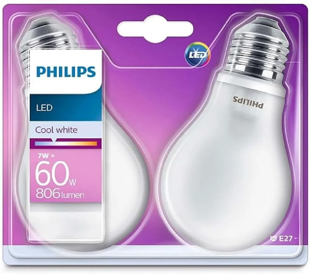 لامپ ال ای دی کلاسیک A60 مات فیلیپس بسته 2 عددی [پیچ ادیسونی E27] 60 وات، سفید سرد 4000K، غیر قابل تنظیم نور