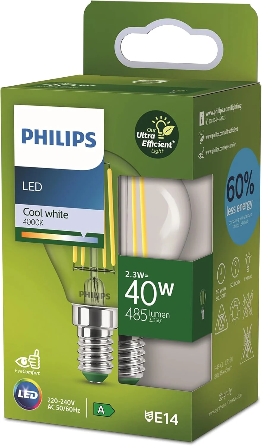 لامپ ال ای دی فوق کم مصرف فیلیپس، مدل شمعی کروی، پایه E14، توان 2.3 وات - 485 لومن، نور سفید سرد (4000 کلوین)، رده انرژی A